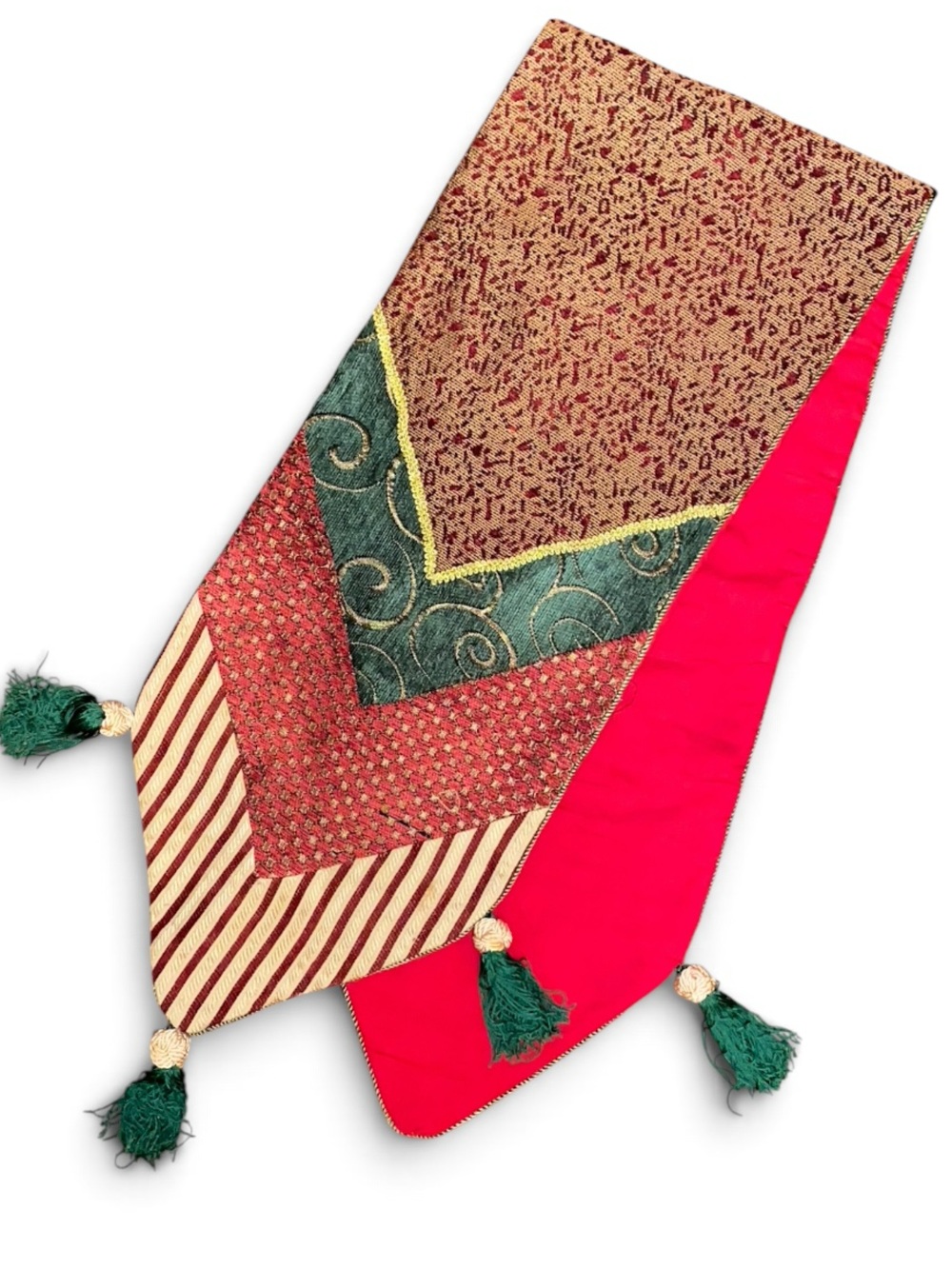 QUILTED CHRISTMAS FRENCH BRAID Table Runner Red Gold Green Burgundy 70”x 13”